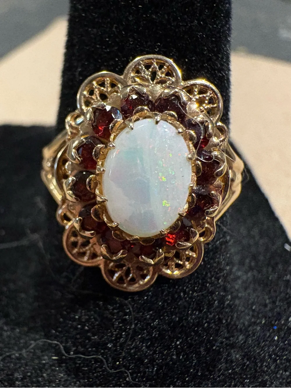 Vintage Filigree Opal and Garnet Ring in 10k Gold